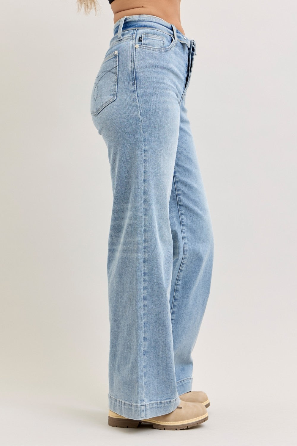 Judy Blue Mid Rise Retro Wide Leg Jeans with Fold-over Waistband - Be Bliss Boutique