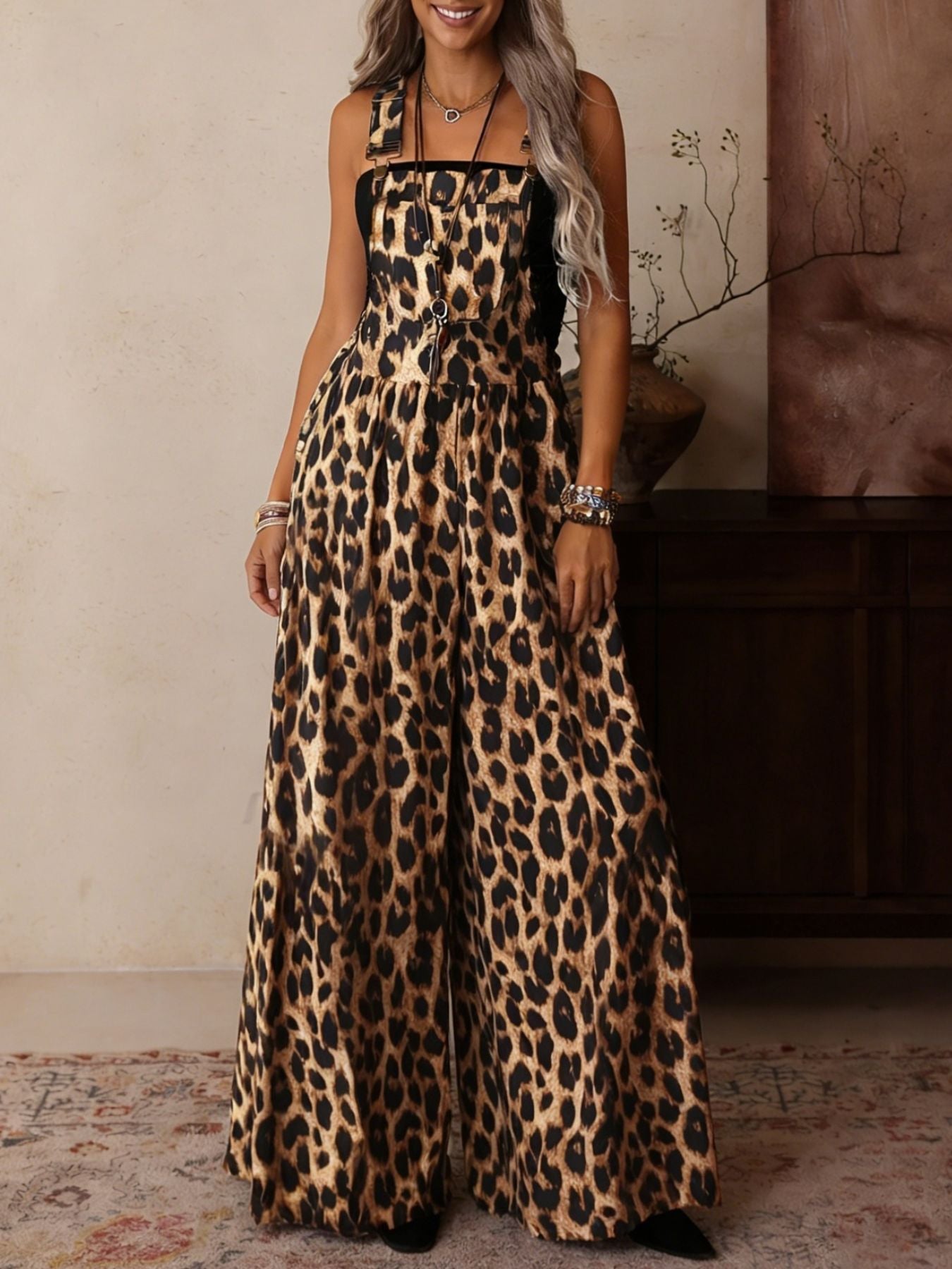 Leopard Print Wide Leg Overalls - Be Bliss Boutique