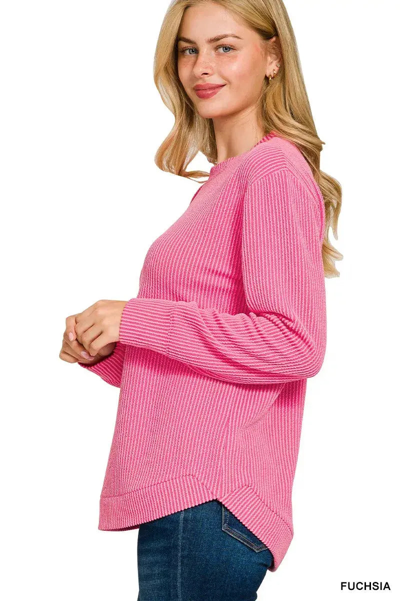 Zenana Plus Size Raised Rib Round Neck Long Sleeve Top - Be Bliss Boutique