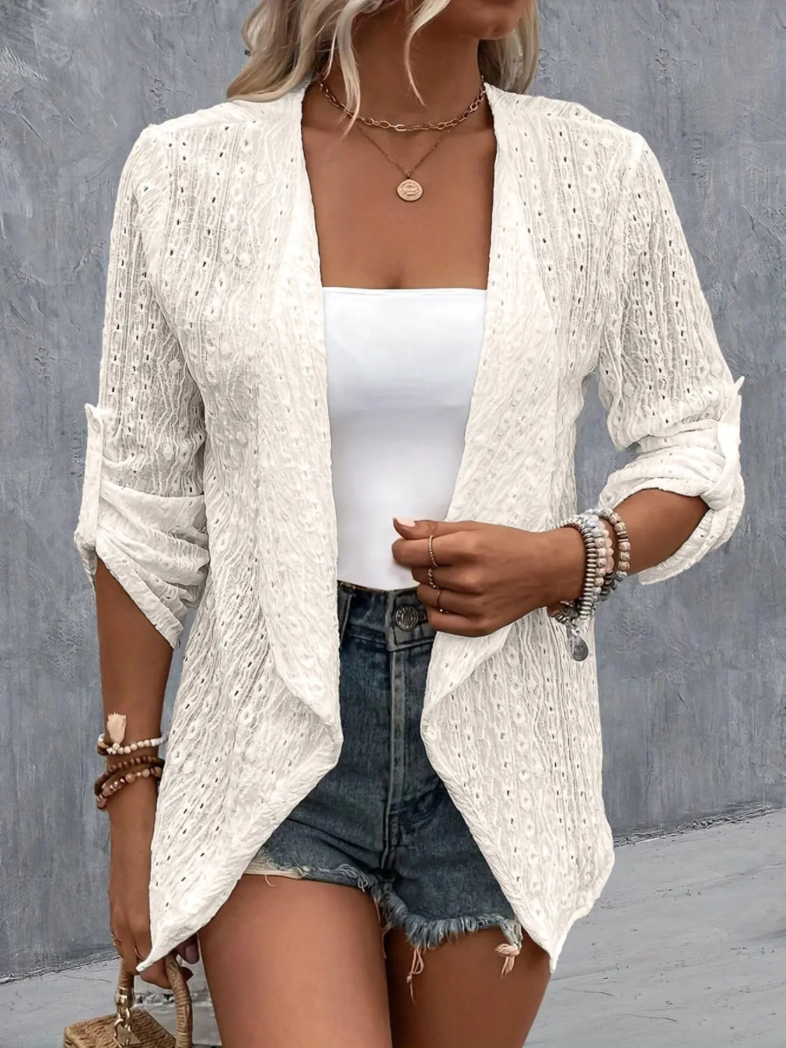 Eyelet Roll-Tab Sleeve Cardigan - Be Bliss Boutique
