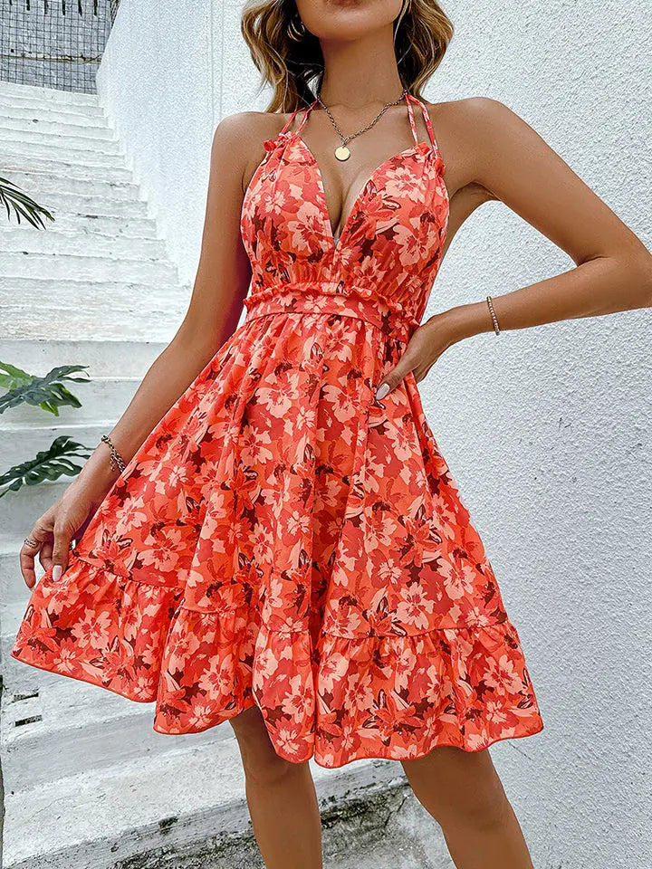 Floral Halter Neck Backless Dress - Be Bliss Boutique