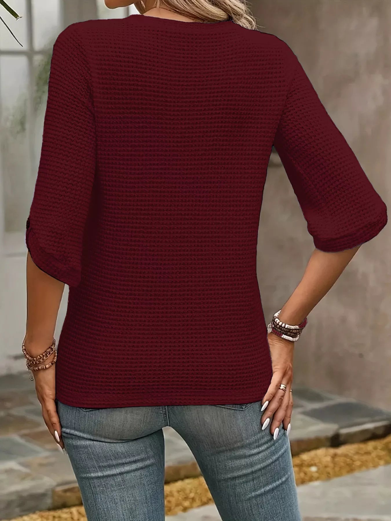 Waffle-Knit Round Neck Knit Top - Be Bliss Boutique