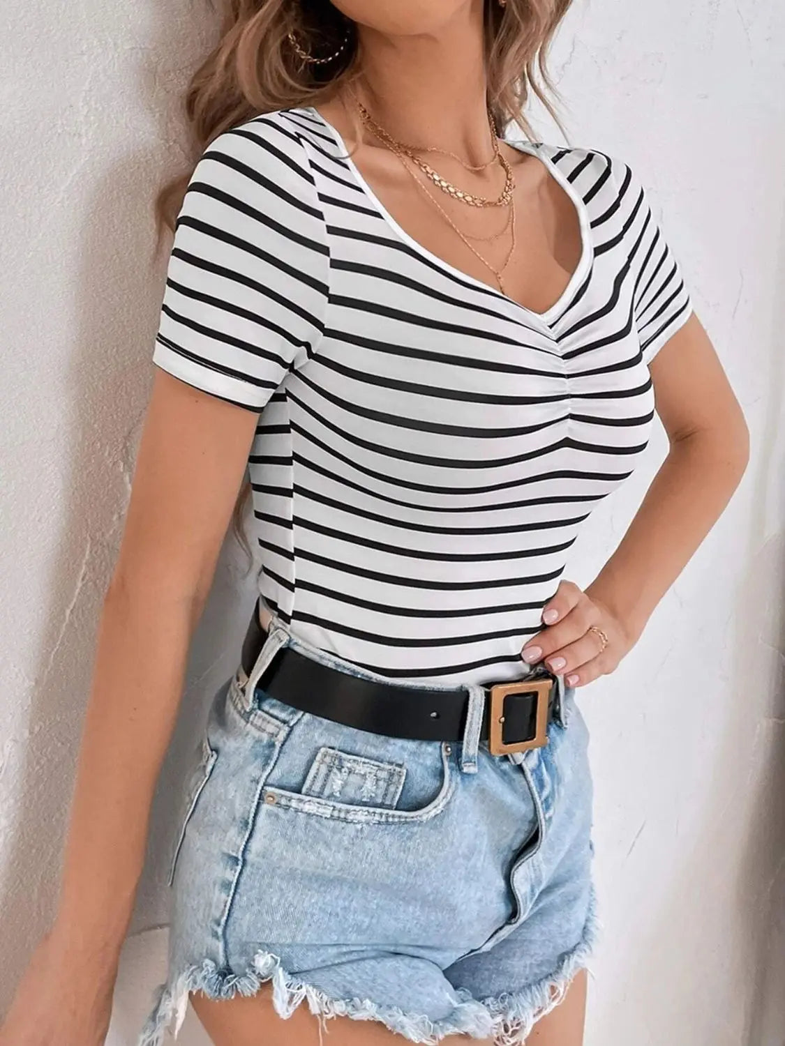 Striped V-Neck Short Sleeve T-Shirt - Be Bliss Boutique