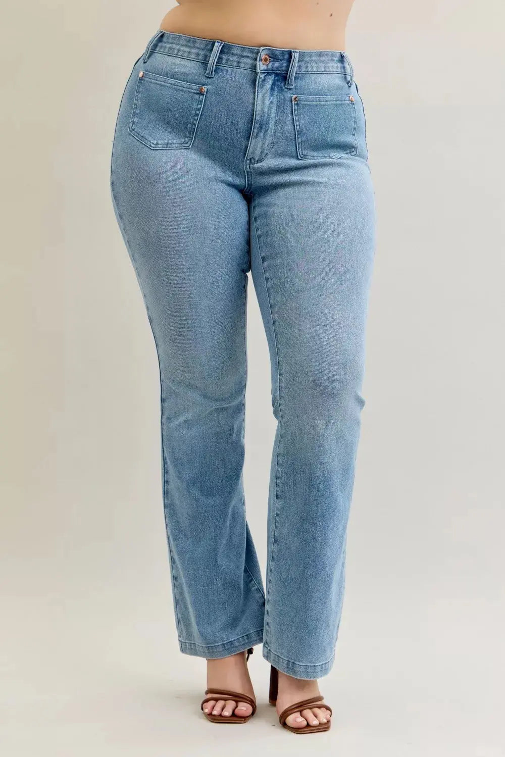 Judy Blue Jeans - Full Size Mid Rise Bootcut Jeans with Contrast Wash & Front Patch Pockets - Be Bliss Boutique