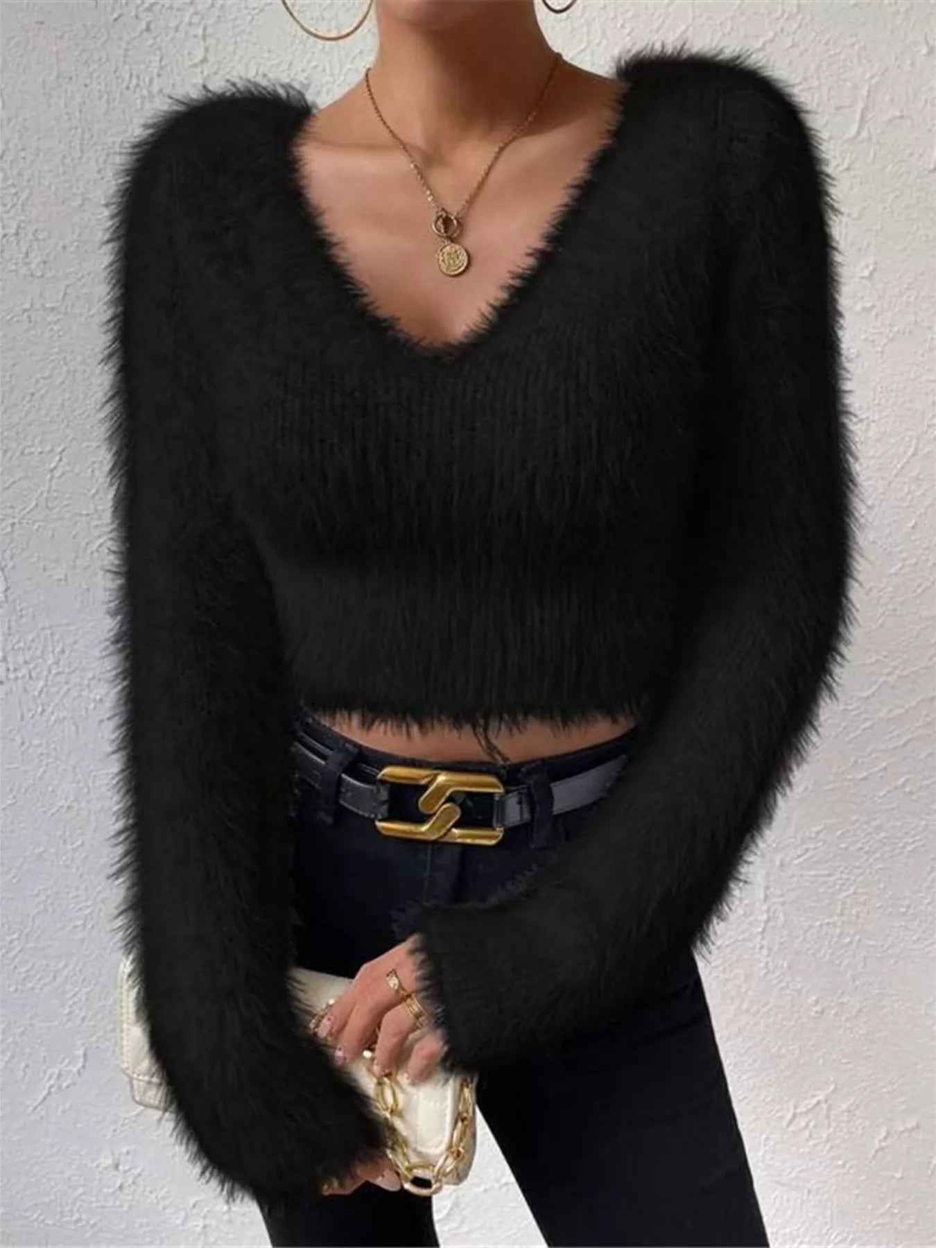 Fluffy Knit V Neck Sweater - Be Bliss Boutique