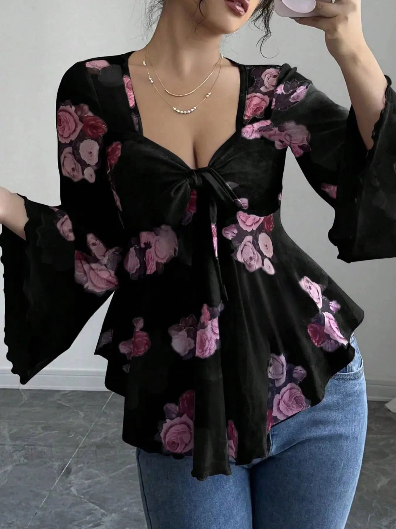 Floral Tie Front Flare Sleeve Blouse - Be Bliss Boutique