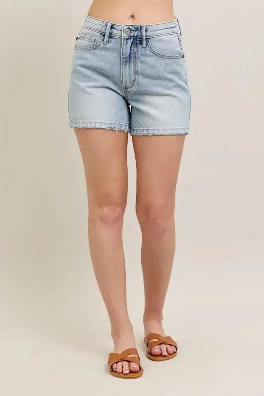 Judy Blue Jeans - Plus Size Frayed Hem High Rise Denim Shorts with Pockets - Be Bliss Boutique