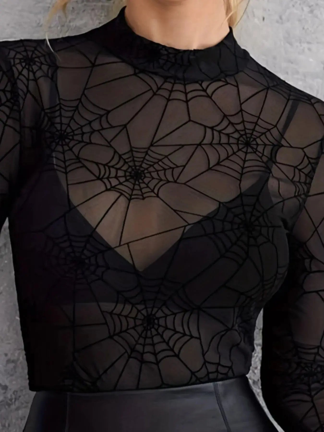 Spider Web Print Mesh Long Sleeve Blouse - Be Bliss Boutique