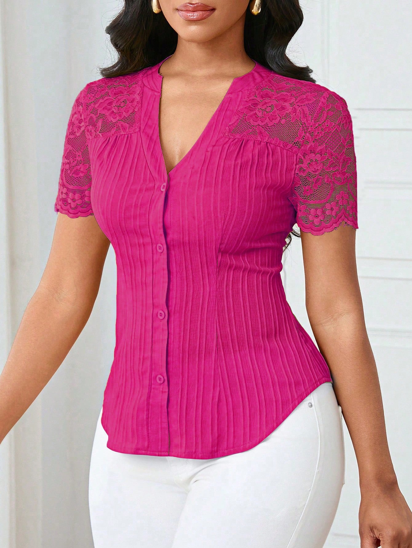 Button Up Lace Sleeve Blouse - Be Bliss Boutique