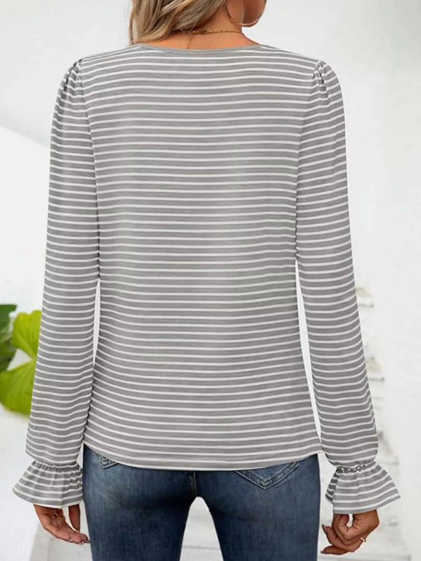 Striped Long Sleeve T-Shirt with Square Neckline - Be Bliss Boutique