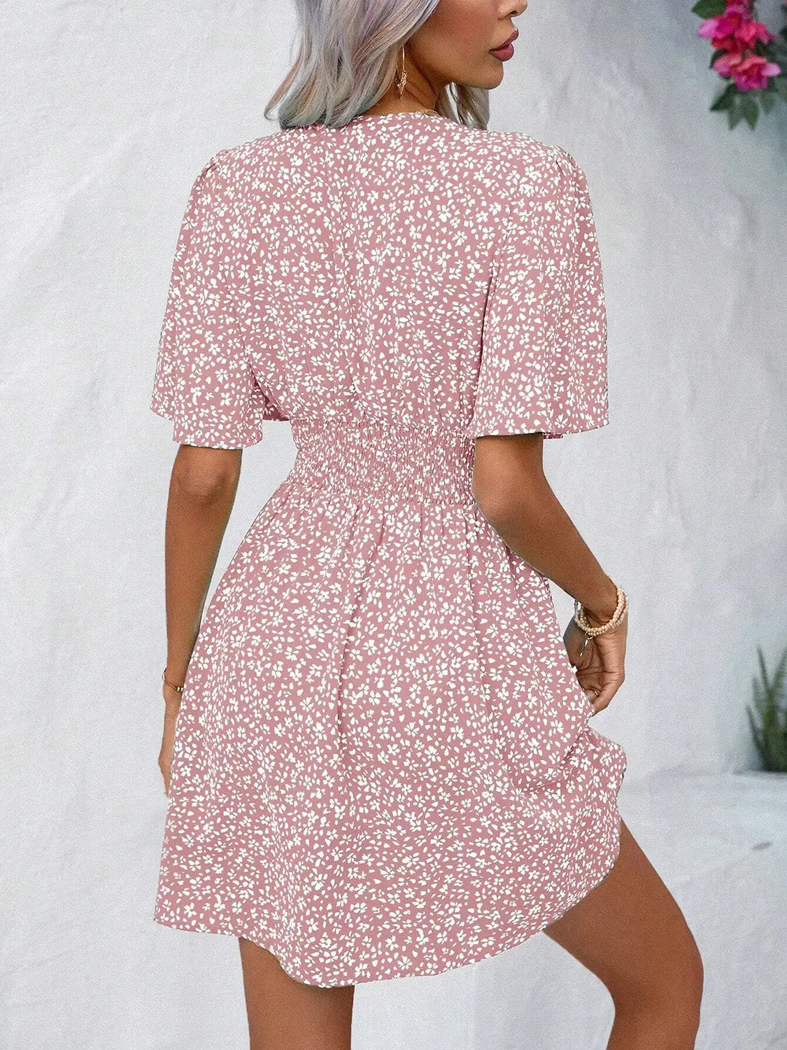 Printed V-Neck Half Sleeve Mini Dress - Be Bliss Boutique
