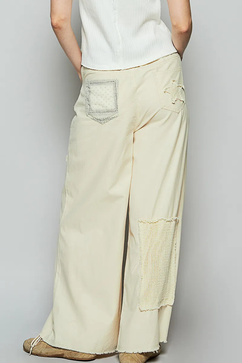 POL Raw Hem Star Patch Boho Wide Leg Pants – Cotton Statement Bottoms - Be Bliss Boutique