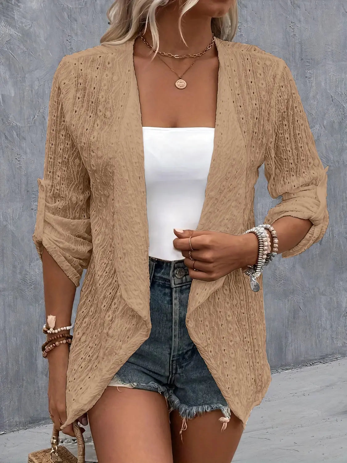 Eyelet Roll-Tab Sleeve Cardigan - Be Bliss Boutique