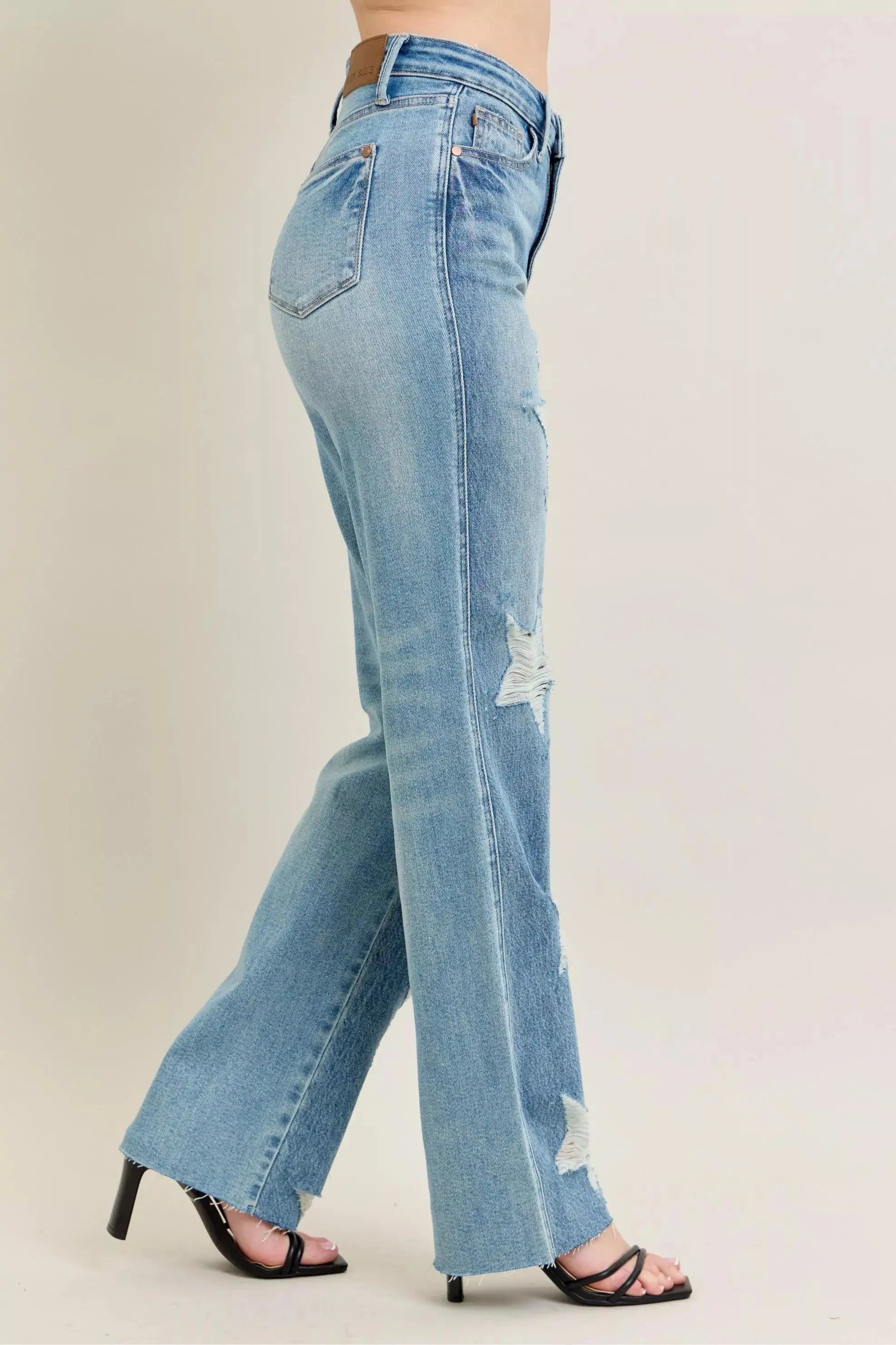 Judy Blue Full Size High Waist Rigid 90's Straight Jeans with Magic Star Shaped Destroy - Be Bliss Boutique
