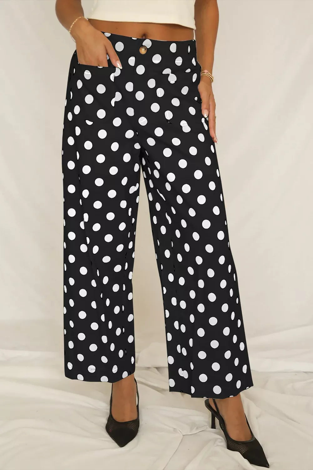 Polka Dot Print Patched Pocket Mid Rise Straight Leg Pants - Be Bliss Boutique