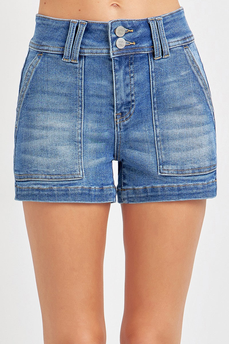 RISEN High Rise Patched Front Pocket Denim Shorts - Be Bliss Boutique