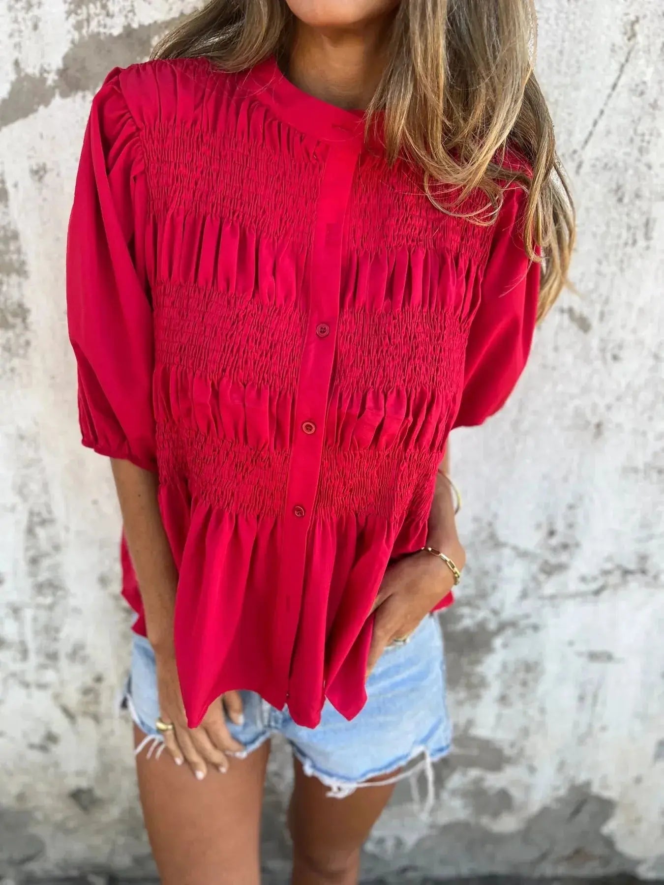 Full Size Red Smocked Button Puff Sleeve Blouse – Plus Size - Be Bliss Boutique