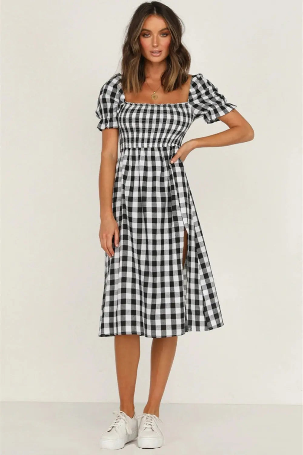 Full Size Slit Plaid Short Sleeve Midi Dress - Be Bliss Boutique