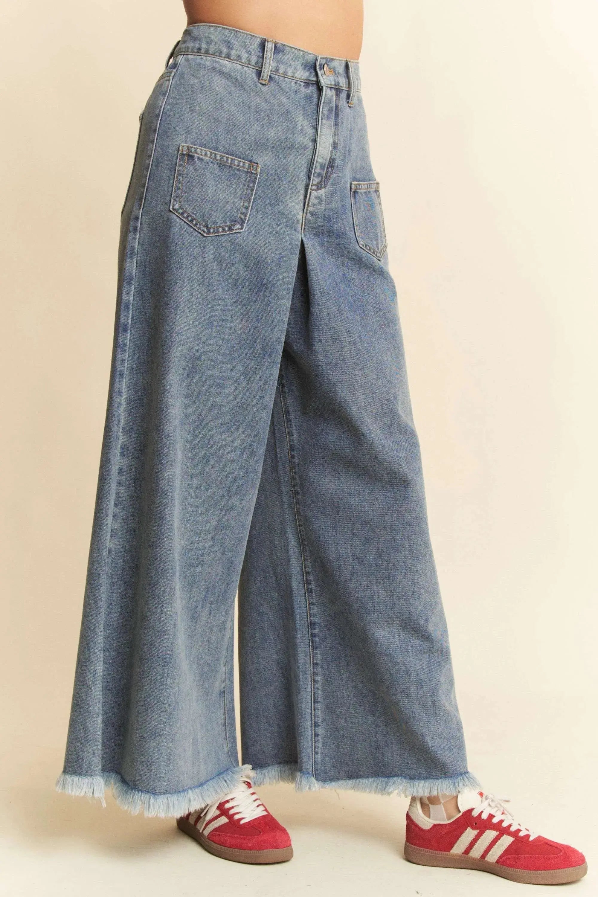 Davi & Dani Raw-Hem Patch-Pocket Wide Leg Culotte Jeans - Be Bliss Boutique