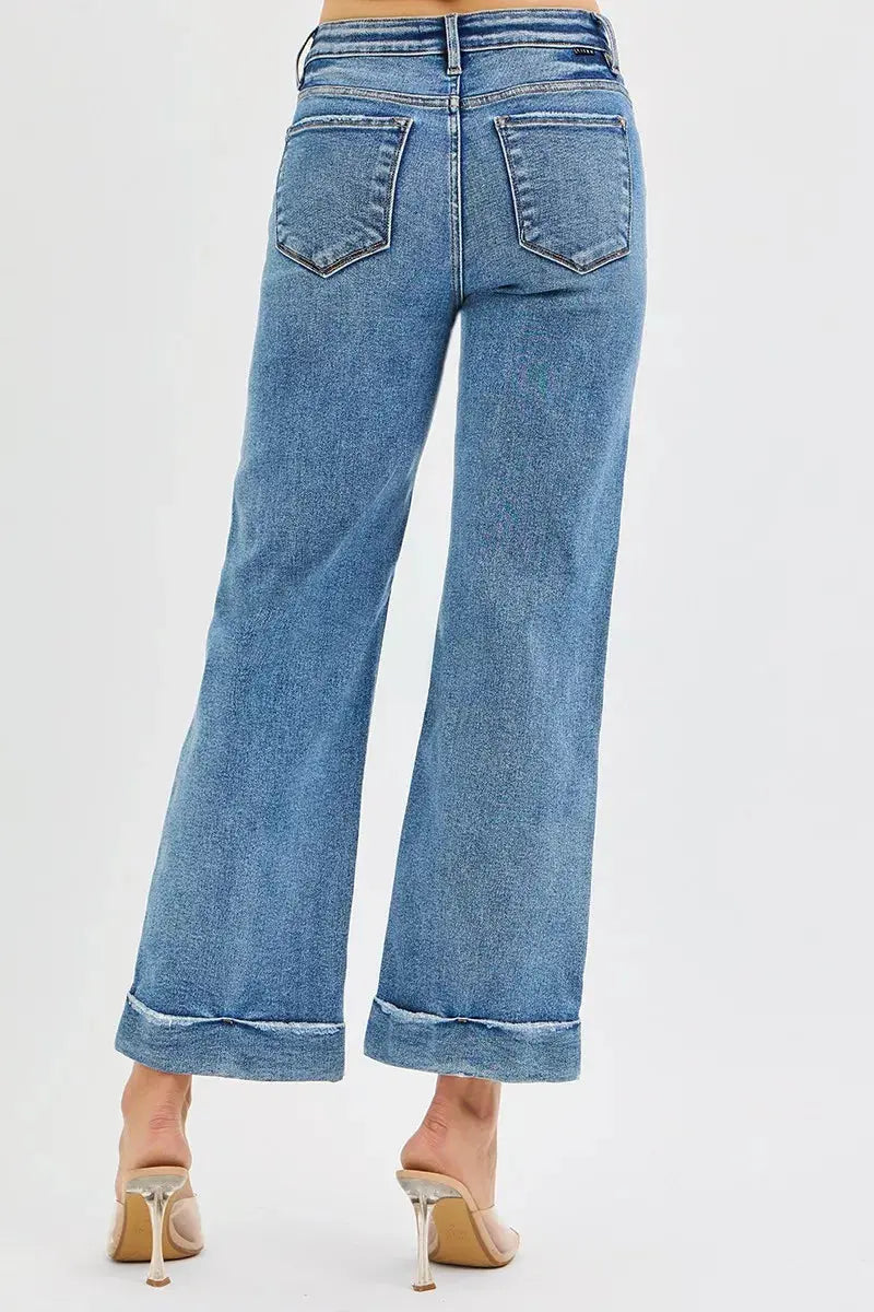 RISEN Jeans - Full Size Mid Rise Crop Straight Jeans with Taylor Cuffed Jeans - Be Bliss Boutique