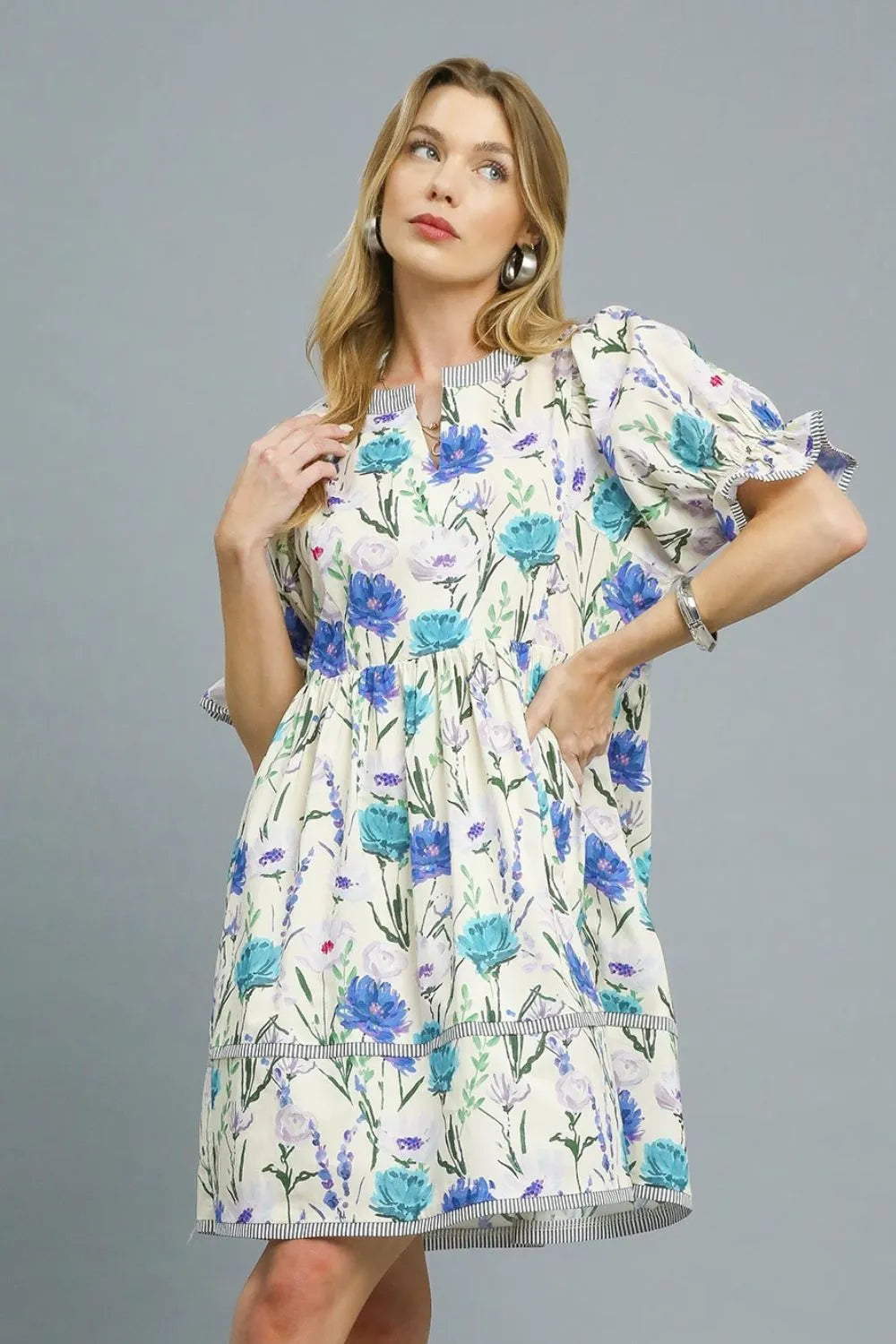 Umgee Floral Striped Hem BabyDoll Mini Dress - Be Bliss Boutique