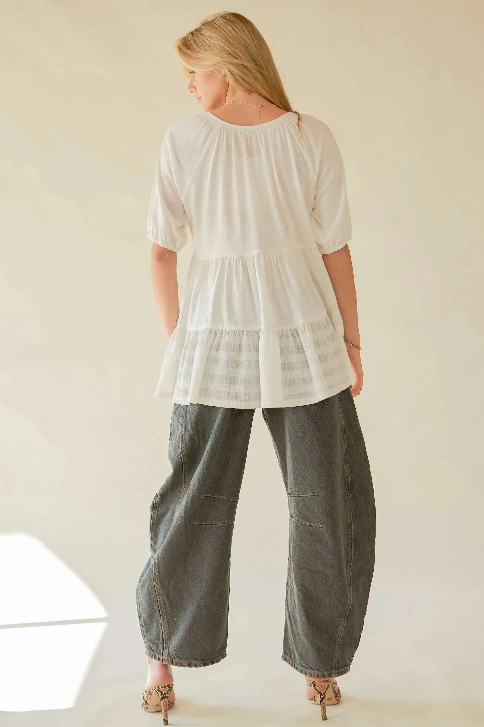 Davi & Dani Ruffled Flared Short Sleeve V Neck Blouse - Be Bliss Boutique