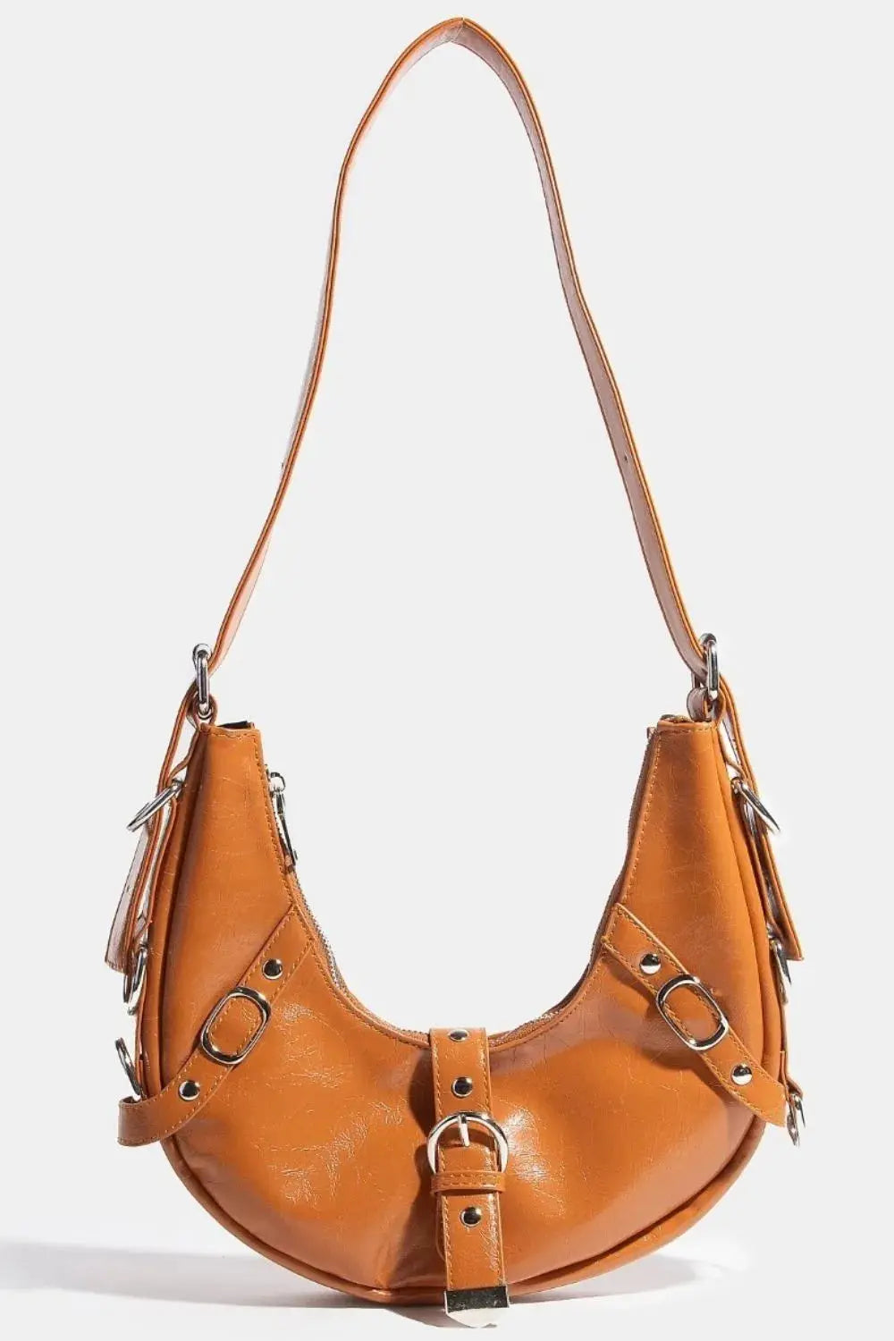 Fame Multi Belt Strap Cognac Shoulder Bag – Buckle Accent Crescent Purse - Be Bliss Boutique
