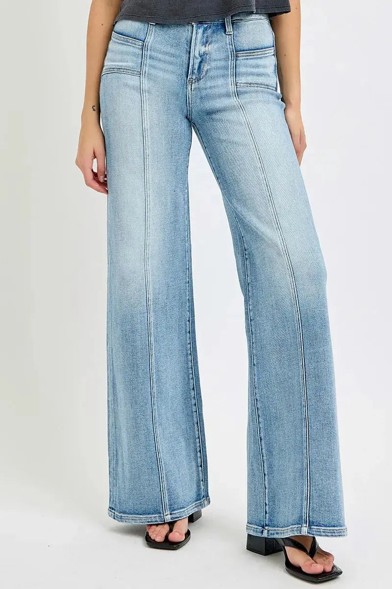 Full Size Mid Rise Wide RISEN Jeans with Front Patch Pocket - Be Bliss Boutique