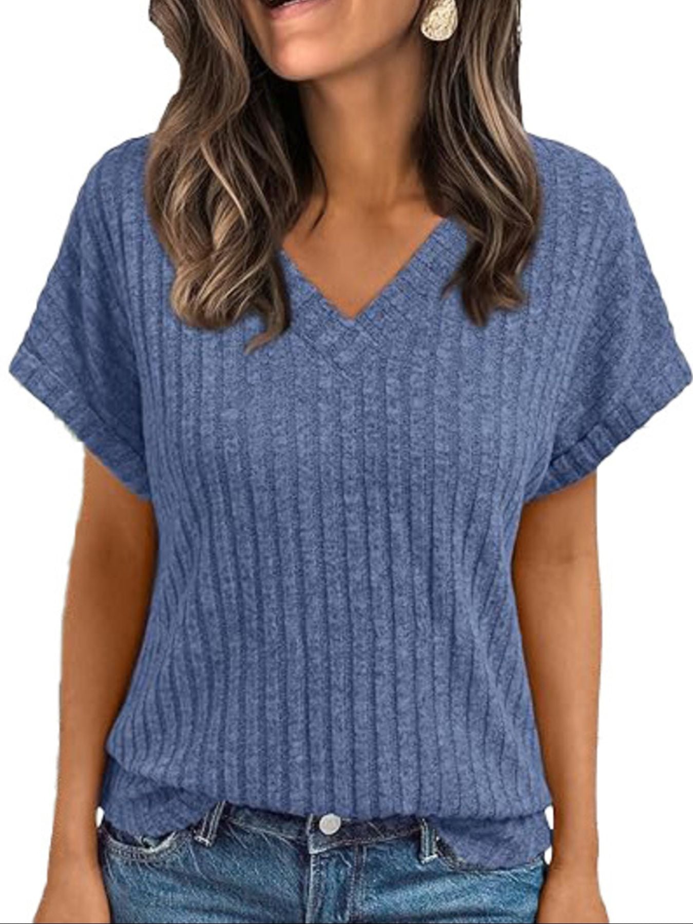 Ribbed Knit V Neck Relaxed Fit T Shirt - Be Bliss Boutique