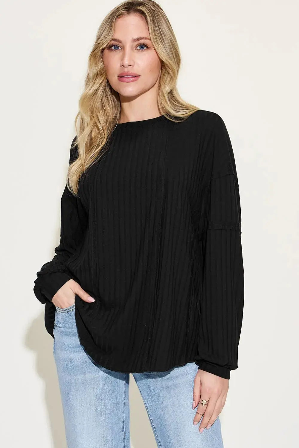 Basic Bae Full Size Round Neck Ribbed Long Sleeve T Shirt - Be Bliss Boutique