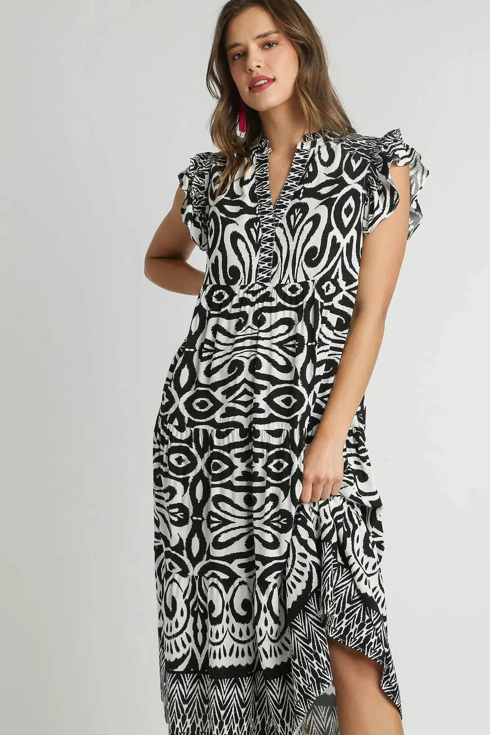 Umgee Two Tone Border Print Ruffle Cap Sleeve Midi Dress – Plus Size - Be Bliss Boutique