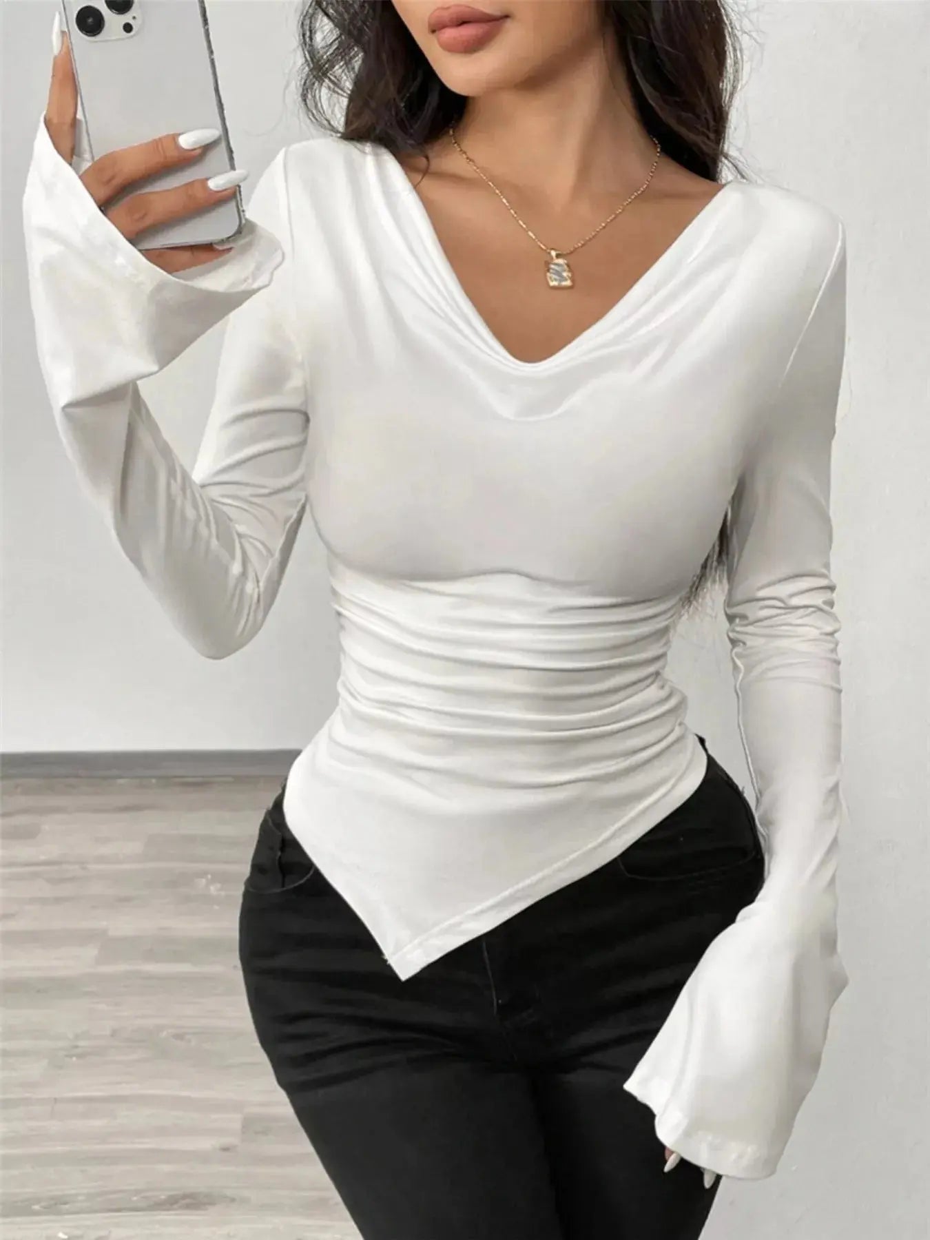Asymmetrical Long Sleeve Fitted T Shirt - Be Bliss Boutique