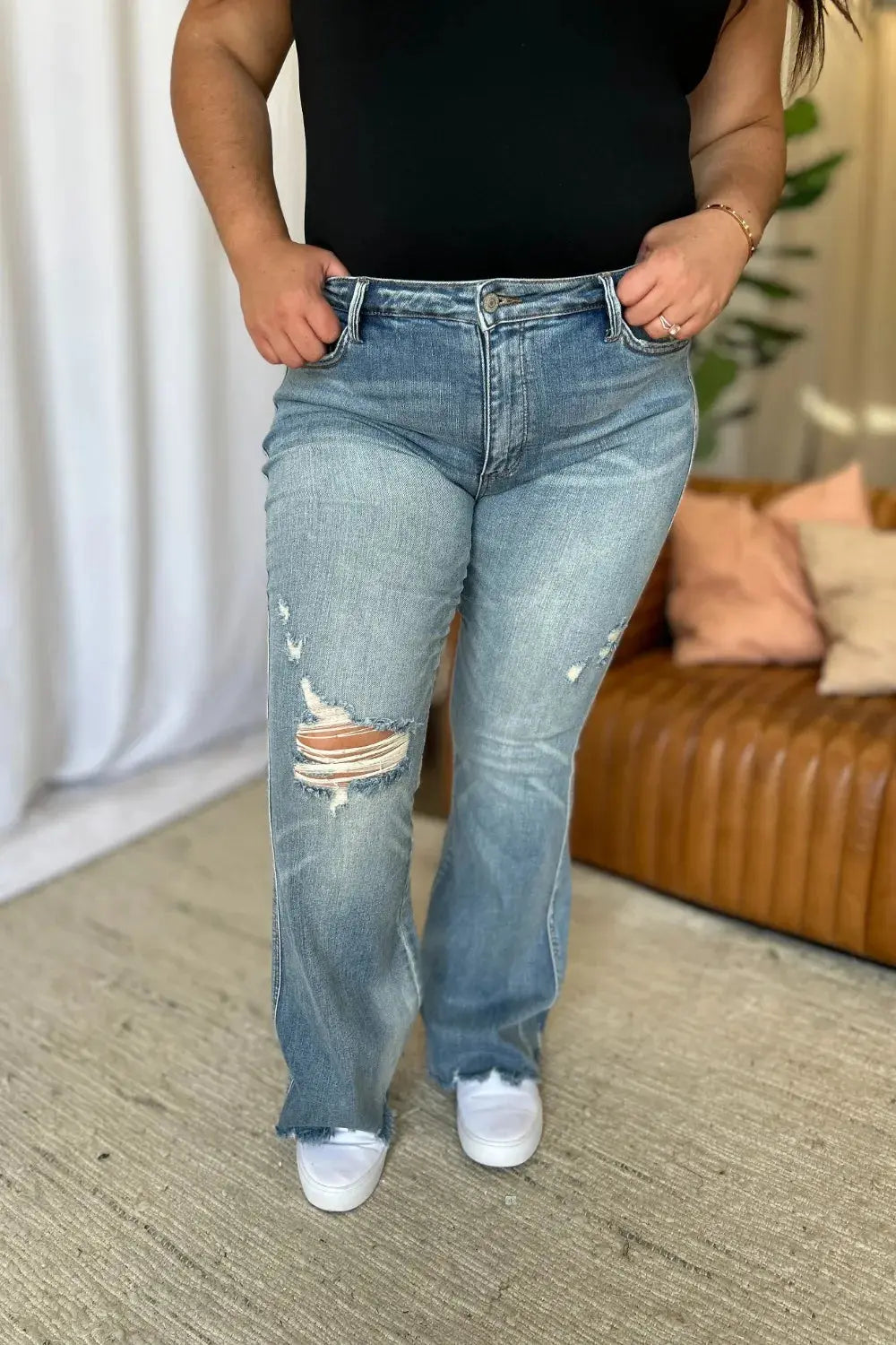 Plus Size Medium Rise Tummy Control Destroy Flare Judy Blue Jeans - Be Bliss Boutique