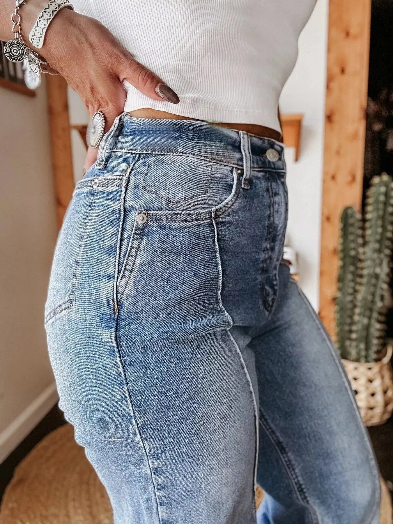 High Waisted Wide Leg Cuffed Jeans - Be Bliss Boutique