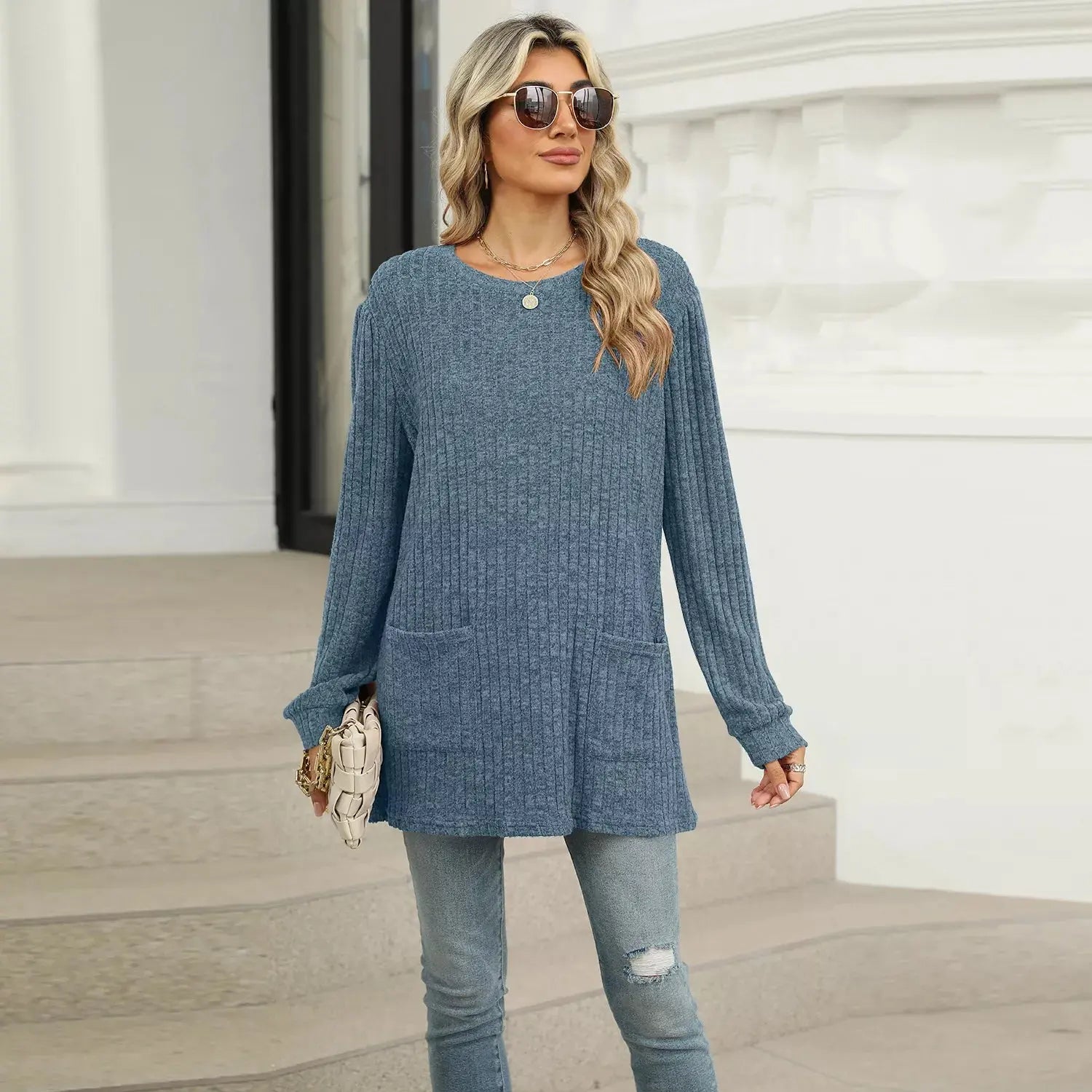 Cozy Ribbed Knit Long Sleeve Tunic Top with Pockets - Be Bliss Boutique