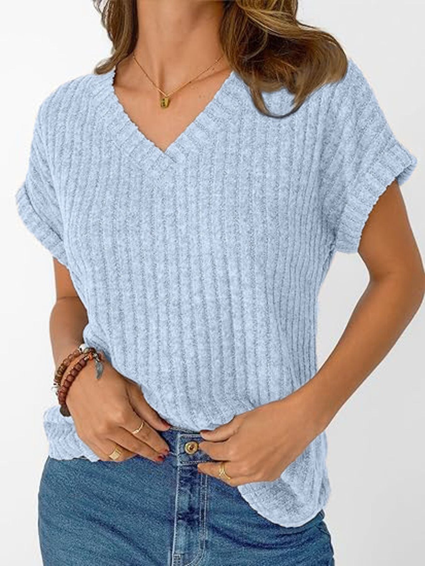Ribbed Knit V Neck Relaxed Fit T Shirt - Be Bliss Boutique