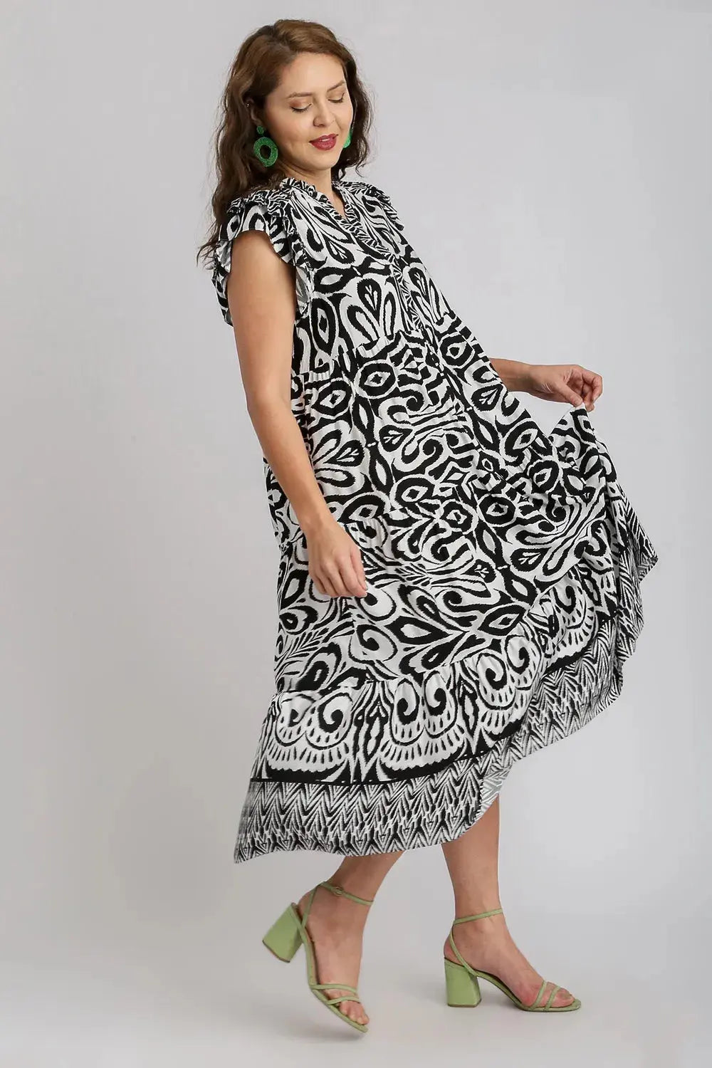 Umgee Two Tone Border Print Ruffle Cap Sleeve Midi Dress – Plus Size - Be Bliss Boutique