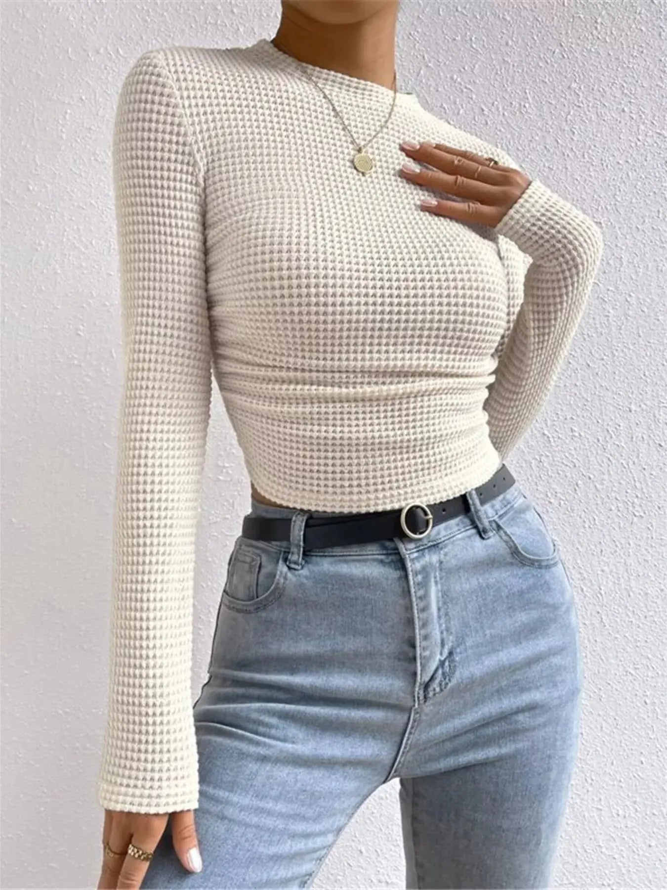 Waffle Knit Long Sleeve T Shirt - Be Bliss Boutique