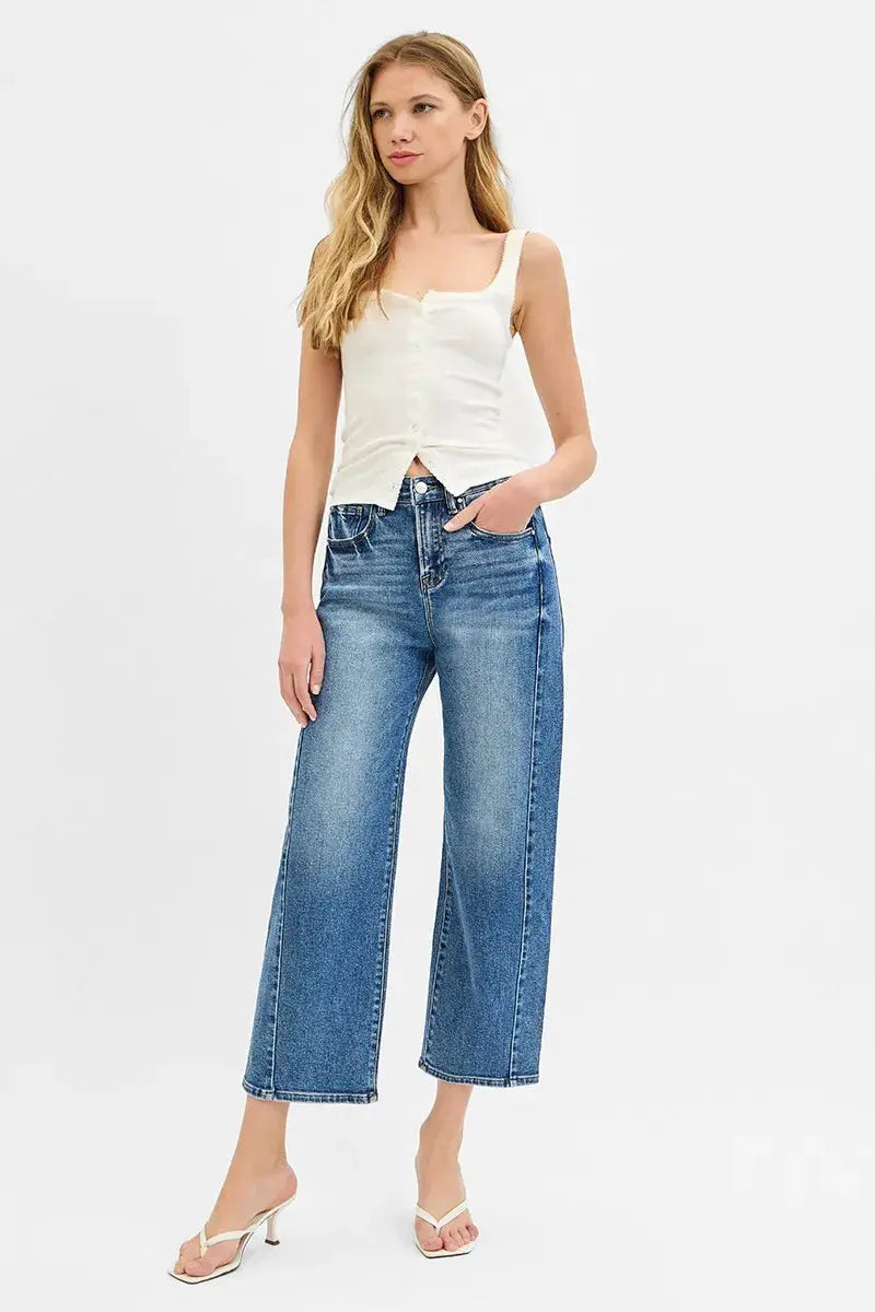 High Rise Crop Length Barrel Adjustable Waist Band RISEN Jeans - Be Bliss Boutique