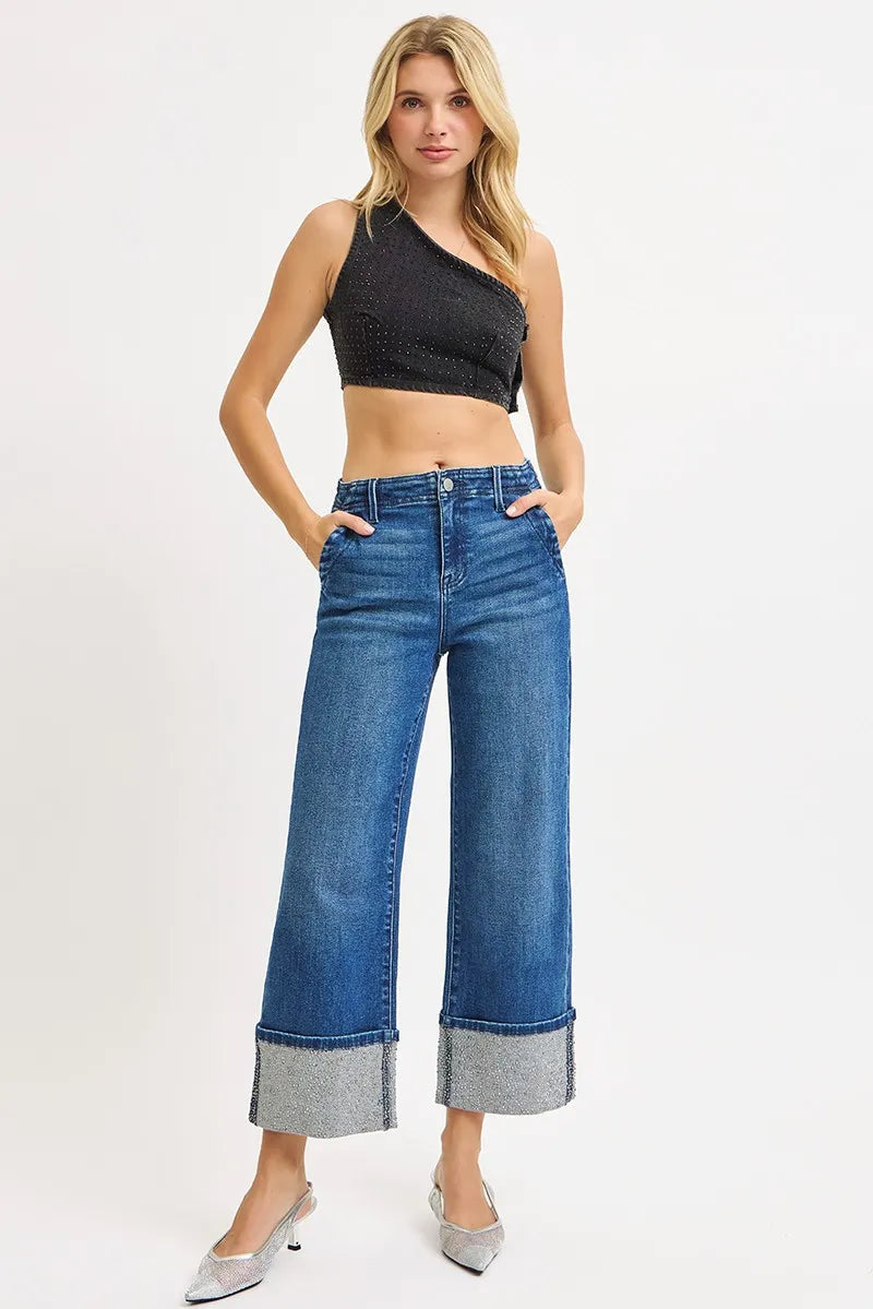 RISEN Jeans - High Rise Wide Leg Rhinestone Cuffed Jeans - Be Bliss Boutique