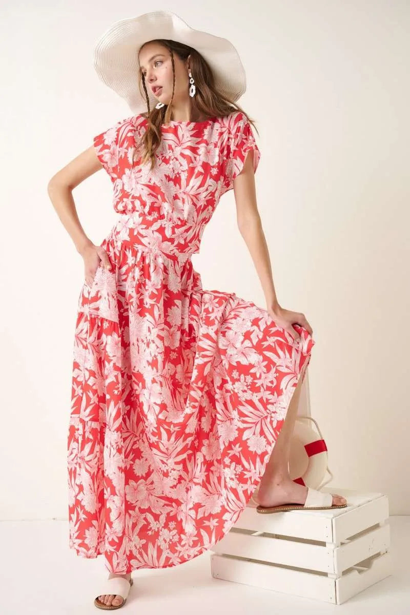 Mittoshop Tropical Floral Two-Piece Top & Tiered Maxi Skirt Set - Be Bliss Boutique