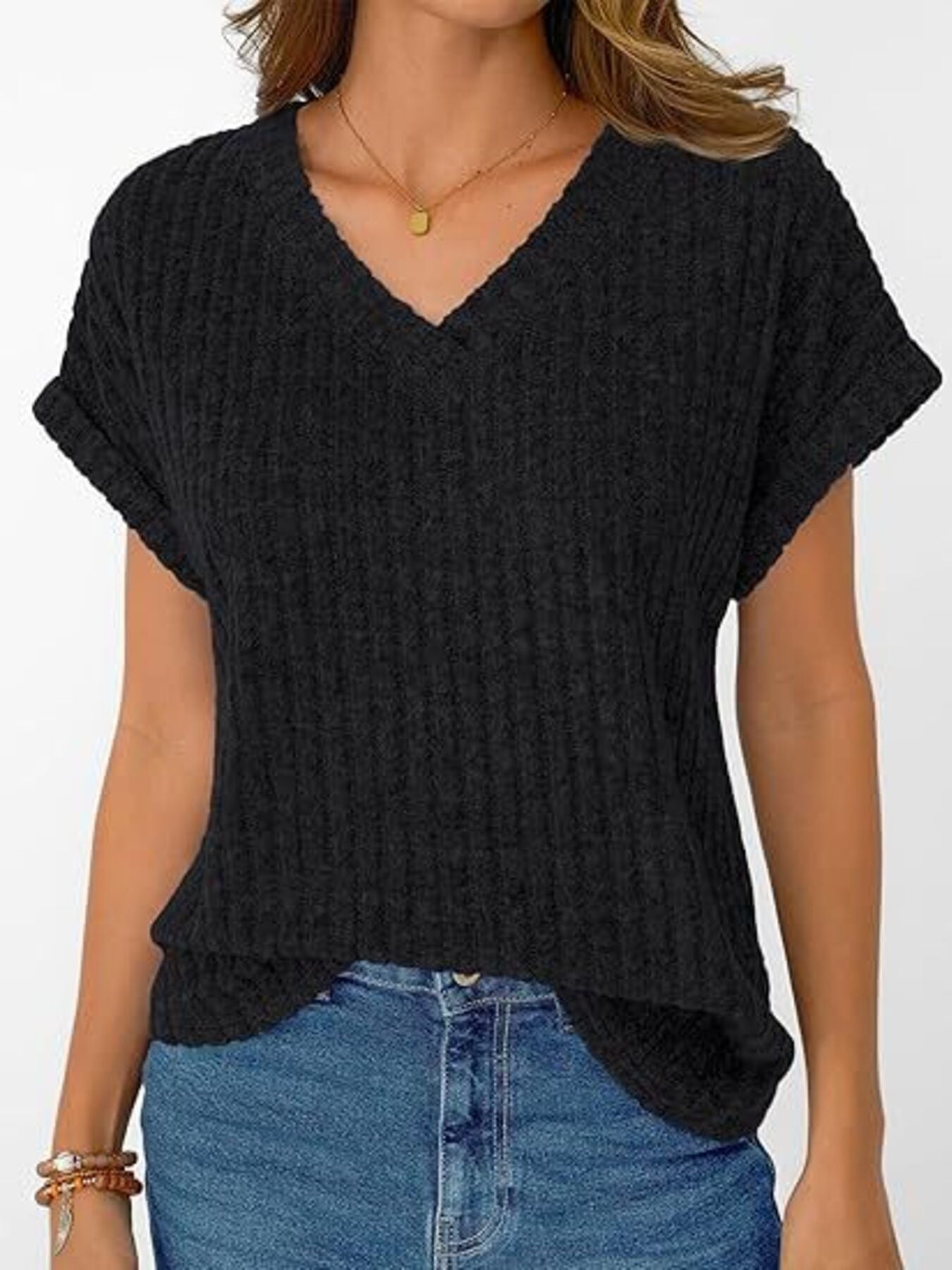 Ribbed Knit V Neck Relaxed Fit T Shirt - Be Bliss Boutique