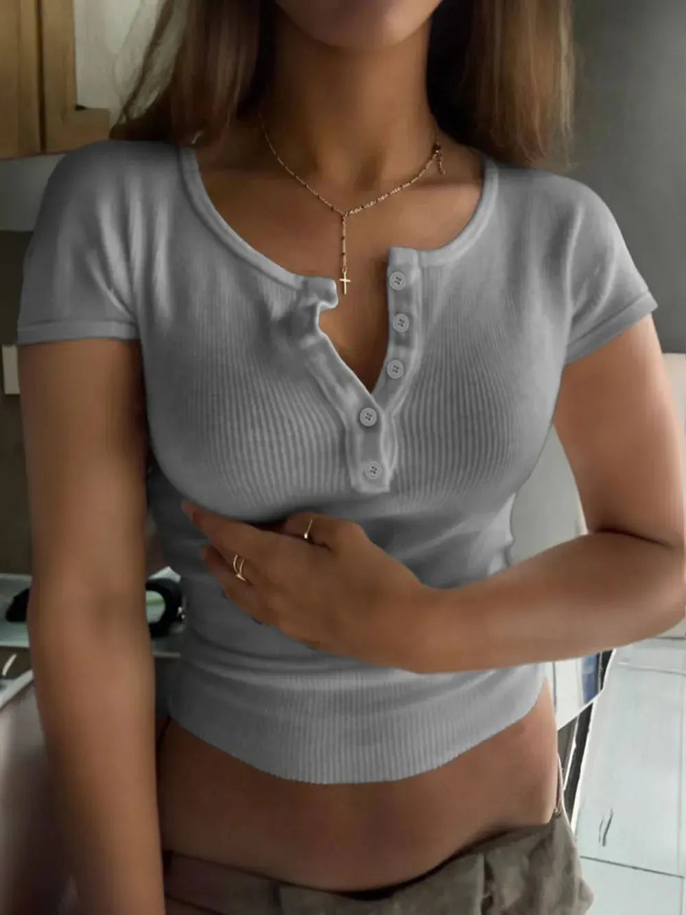 Ribbed Button Detail Round Neck Short Sleeve T Shirt - Be Bliss Boutique