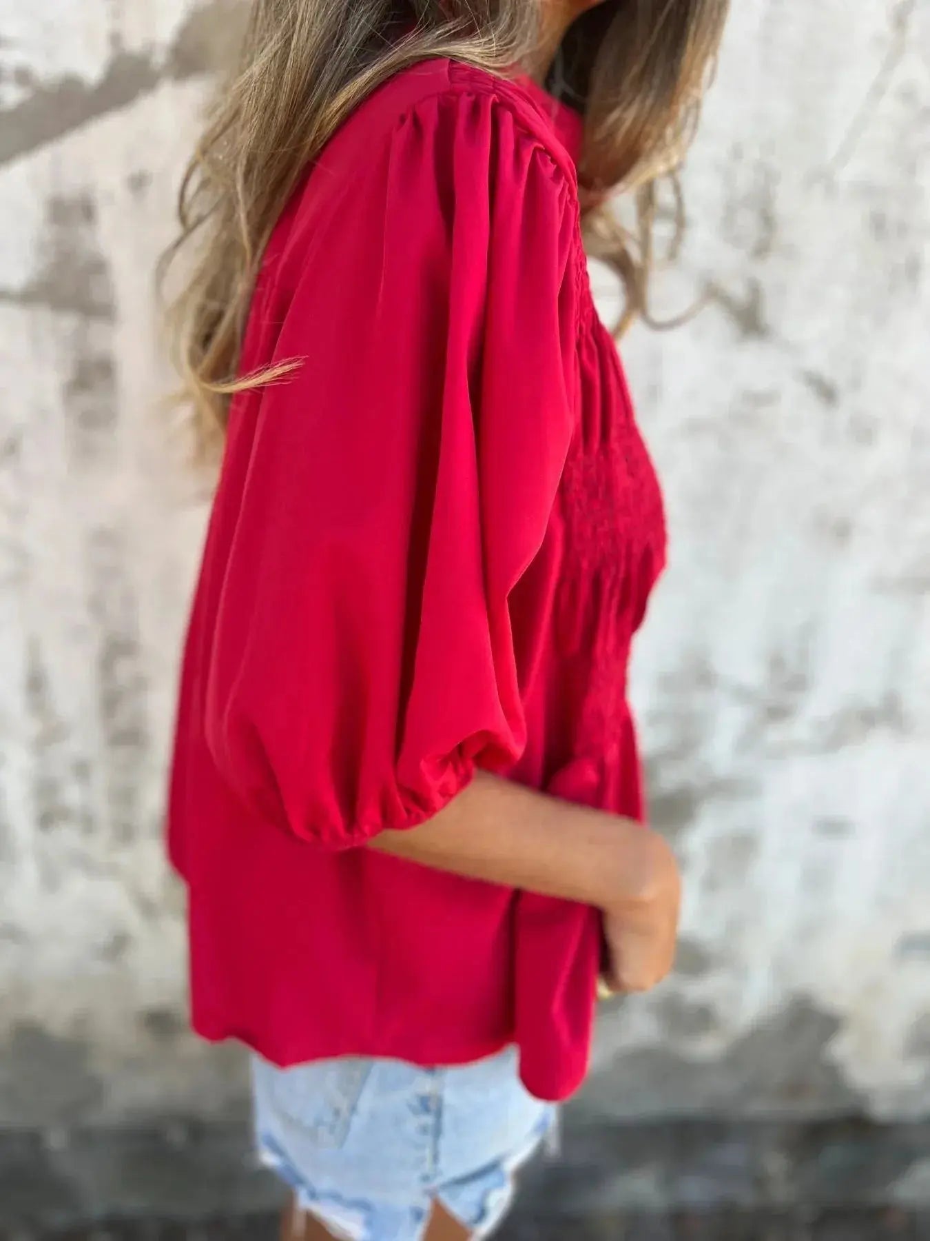 Full Size Red Smocked Button Puff Sleeve Blouse – Plus Size - Be Bliss Boutique