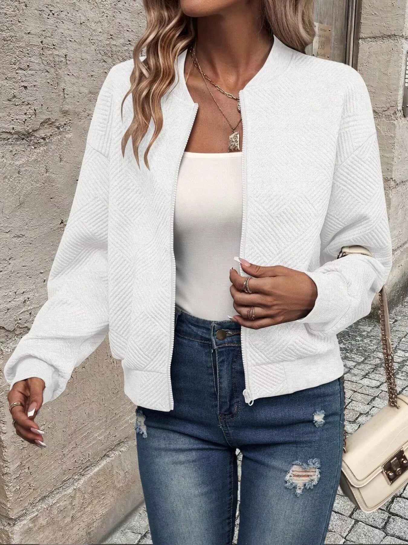 Texture Zip-Up Bomber Jacket - Be Bliss Boutique