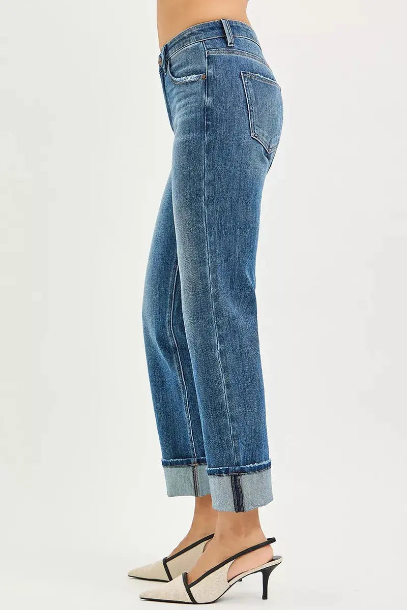 RISEN Jeans - Full Size 4 Way Stretch Slouchy Straight Jeans with Cuffed Hem - Be Bliss Boutique