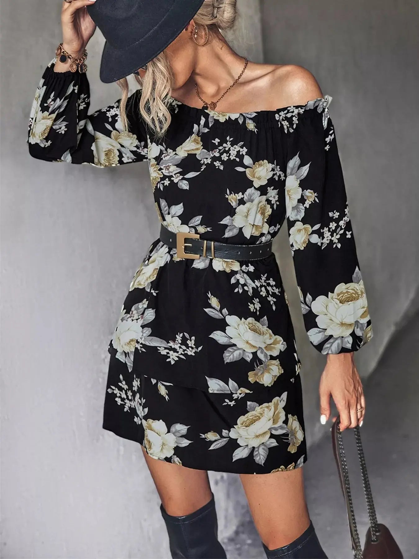 Off-Shoulder Floral Print Long Sleeve Mini Dress - Be Bliss Boutique