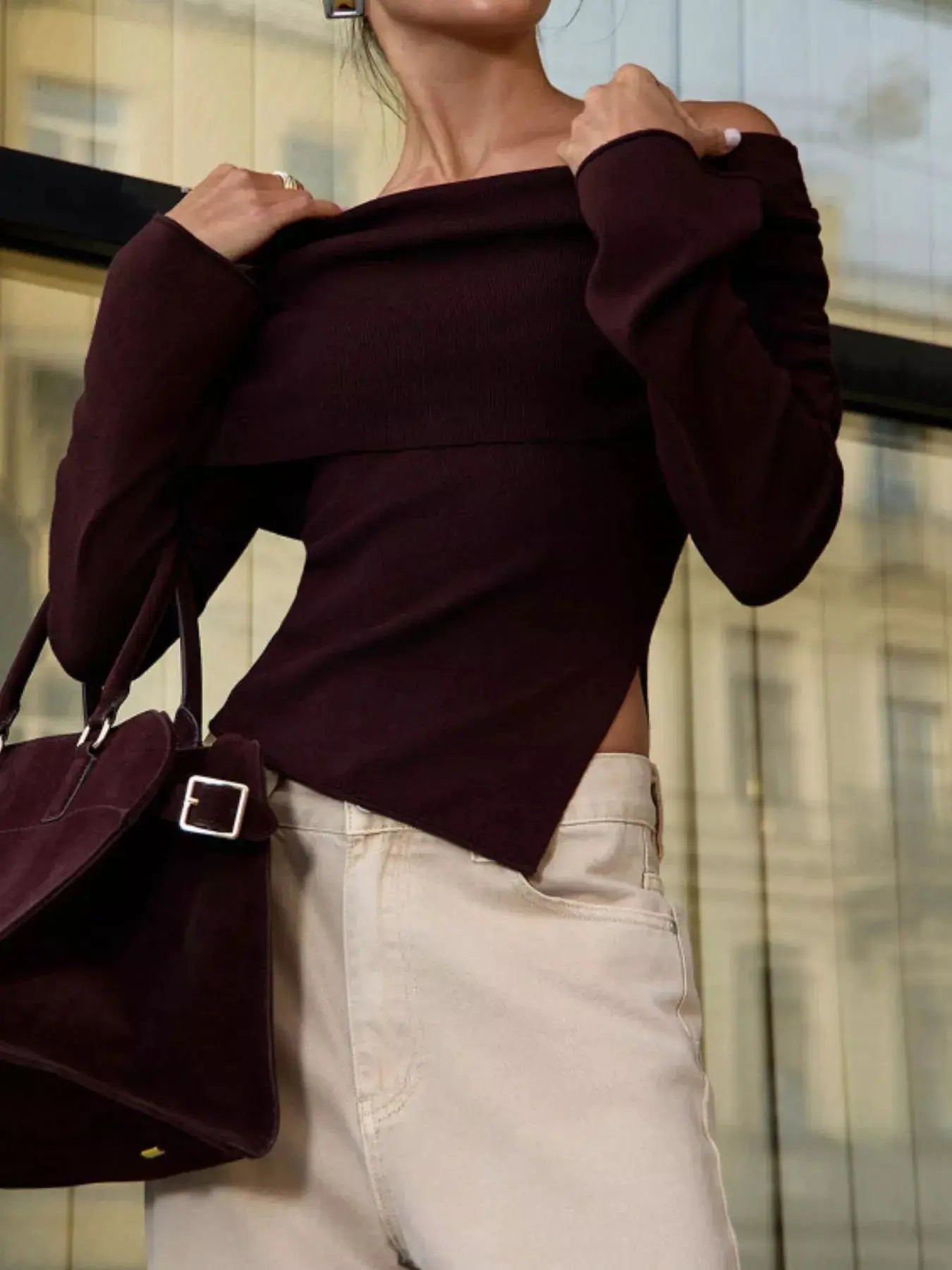 Asymmetrical Hem Off Shoulder Long Sleeve Knit Top - Be Bliss Boutique