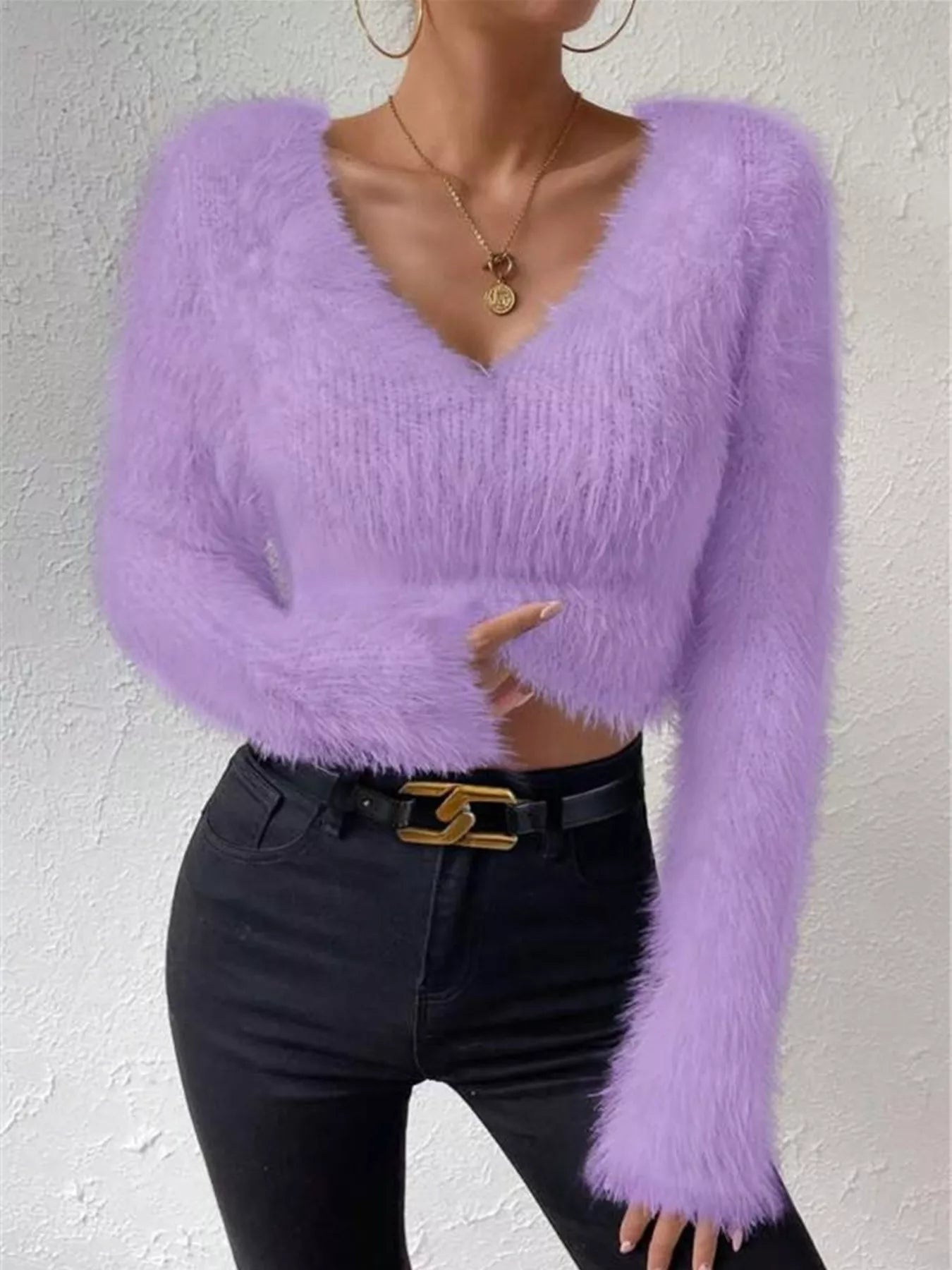 Fluffy Knit V Neck Sweater - Be Bliss Boutique