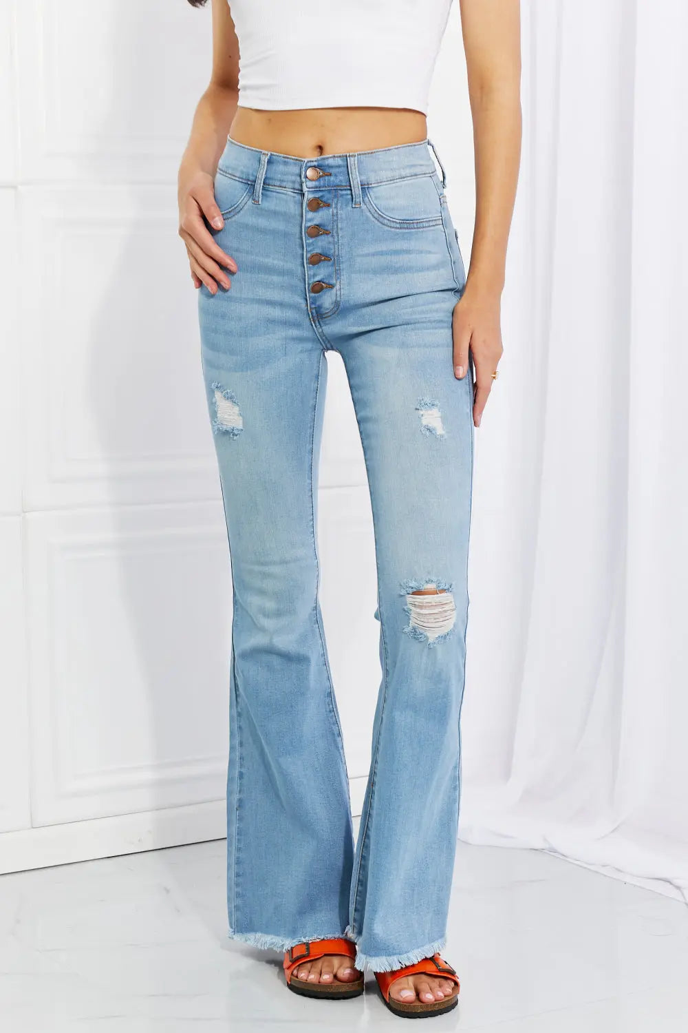 Vibrant MIU Full Size Jess Button Flare Jeans - Be Bliss Boutique